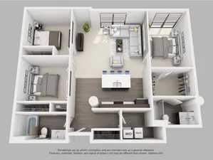 Modern 3D floor plan showcasing 3 bedrooms, a stylish living room, and a contemporary kitchen with a breakfast bar.