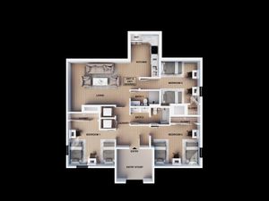Elegant 3-bedroom floor plan featuring a modern open-concept living area, stylish kitchen, and two pristine bathrooms, designed for comfortable family living.