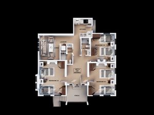 Chic floor plan showcasing a well-designed apartment with three bedrooms, two modern bathrooms, open living area, kitchen, and laundry room, ideal for comfortable living.