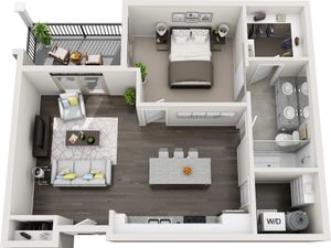 Modern one-bedroom apartment floor plan featuring an open-concept living area, gourmet kitchen with island, spacious balcony, elegant bathroom, and convenient in-unit laundry.