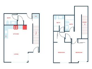 Modern two-story floor plan featuring a spacious kitchen, cozy living area, two bedrooms, and two baths for ultimate comfort.