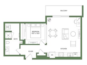 Modern floor plan featuring a cozy bedroom, open-concept kitchen and living area, with a private balcony. Includes a spacious bath and convenient washer/dryer setup.