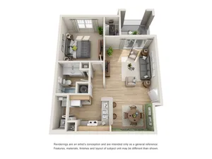 Modern 3D floor plan featuring a cozy bedroom, stylish open-concept living and dining area, a sleek kitchen, and a private balcony.