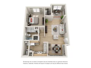 Modern 3D floor plan showcasing a cozy 1-bedroom apartment with an inviting living room and dining area, well-equipped kitchen, and stylish bathroom.