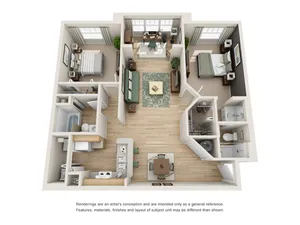 Inviting 3D floor plan showcasing a modern 2-bedroom, 2-bathroom layout with an open living area and stylish kitchen.