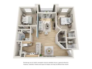Contemporary floor plan with 2 cozy bedrooms, 2 modern bathrooms, an open-concept living and dining area, and a sleek kitchen.