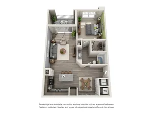 Modern and inviting 3D floor plan with a spacious 1-bedroom, stylish living room, contemporary kitchen, and cozy balcony.