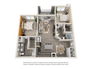 Modern 3D floor plan showcasing 2 spacious bedrooms, an airy open-concept living area, stylish kitchen with island, and double-vanity bathroom.