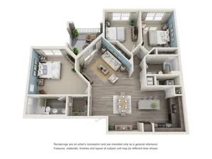 Modern 3D floor plan showcasing 2 bedrooms, expansive open-concept living area, and sleek kitchen with breakfast bar.