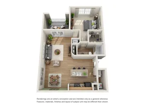 Modern 3D floor plan showcasing 1 bedroom apartment with open-concept living area, sleek kitchen, and cozy balcony.