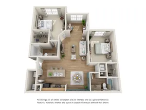Modern 3D floor plan featuring 2 bedrooms, 2 bathrooms, a cozy living room, and an open-concept kitchen with a breakfast bar.