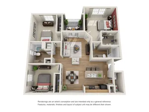 Charming 3D floor plan depicting a modern apartment with three spacious bedrooms, an inviting open-concept living room, and a chic kitchen with a breakfast bar.