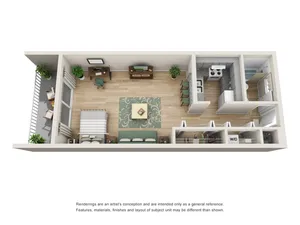 Modern studio apartment floor plan featuring an open-concept living space, cozy bedroom area, compact kitchen with breakfast bar, and a stylish bathroom. Includes a private balcony and convenient in-unit laundry.
