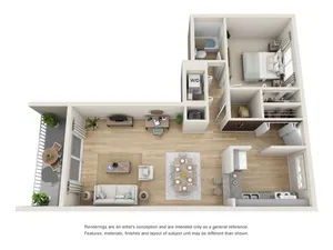 Modern 3D floor plan showcasing a cozy 1-bedroom apartment with spacious living area, elegant kitchen, and inviting balcony.