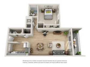 Modern 3D floor plan with a spacious bedroom, cozy living area, elegant kitchen, and inviting balcony.