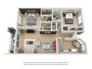 Chic 3D floor plan showcasing a modern apartment with 2 cozy bedrooms, spacious open-plan living and dining area, contemporary kitchen, and private balcony.