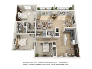 Contemporary 3D floor plan showcasing two cozy bedrooms, open-concept living and dining area, modern kitchen, and private balcony.