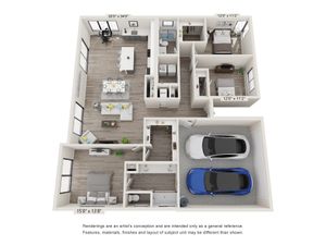 Stylish 3D floor plan showcasing a modern home with three bedrooms, an open-concept living and dining area, a sleek kitchen, and a spacious two-car garage.