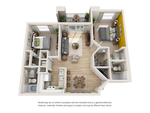 Modern 3D floor plan featuring 2 spacious bedrooms, 2 bathrooms, a stylish open-concept living area, and a gourmet kitchen.
