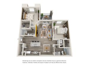 Modern 3D floor plan showcasing two bedrooms, a spacious open-concept living and dining area, a sleek kitchen with bar seating, and a cozy patio.
