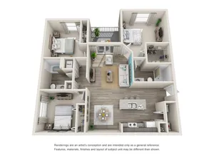 Modern 3D floor plan showcasing three spacious bedrooms, open-concept living and dining area, sleek kitchen with island, and two stylish bathrooms.