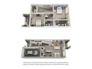 Modern split-level floor plan featuring 2 bedrooms, open living area, kitchen, and garage. Bright and spacious design with stylish interiors.