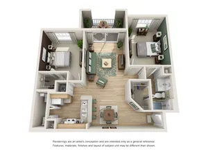 Elegant 3D floor plan showcasing 2 bedrooms, open living space, modern kitchen, and private balcony.
