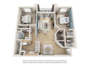 Modern 3D floor plan showcasing a well-designed apartment with two spacious bedrooms, an open living area, a sleek kitchen, and two bathrooms. Features large windows for natural light and a stylish interior layout.
