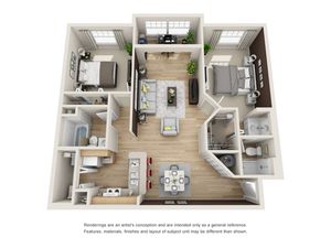 Modern 3D floor plan showcasing 2 bedrooms, a bright living area, and a gourmet kitchen, perfect for stylish living.