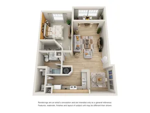 Charming 3D floor plan featuring a cozy bedroom, contemporary bathroom, and open-concept living-dining area with bright windows.