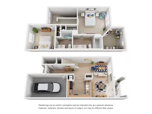 Modern two-story floor plan featuring two spacious bedrooms, a stylish open-concept living area, sleek kitchen, and convenient garage.