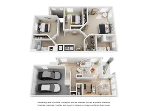 Elegant 3D floor plan showcasing three spacious bedrooms, a modern open-concept living and dining area, stylish kitchen, and a convenient two-car garage.