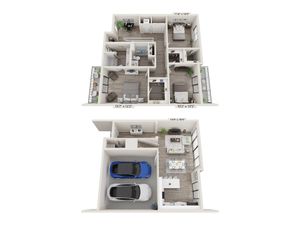 Contemporary 2-level floor plan featuring three bedrooms, spacious living and dining area, modern kitchen, and a dual car garage.