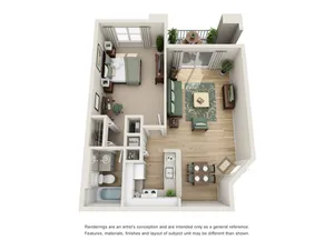 Luxurious 3D floor plan showcasing a spacious bedroom, modern kitchen, and an inviting living area opening to a balcony.