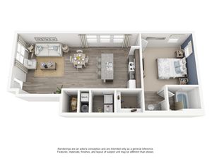 Modern 1-bedroom apartment floor plan with open-concept living and dining area, stylish kitchen island, and bright bathroom space.