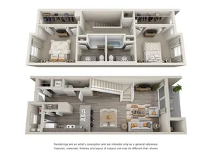 Modern 3D floor plan showcasing 2 bedrooms and 2 bathrooms on the upper level, with an open-concept kitchen, dining area, and living room on the lower level, featuring sleek interiors and cozy spaces.