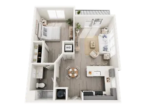 Modern 3D floor plan featuring a spacious bedroom, stylish living room, cozy dining area, and a sleek kitchen with an island. Includes a bathroom and in-unit washer/dryer, ideal for comfortable living.