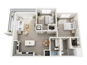 Elegant 3D floor plan showcasing a spacious two-bedroom apartment with open-concept living area, modern kitchen, and private balcony.