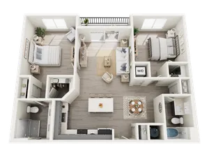 Elegant 3D floor plan showcasing 2 bedrooms, modern kitchen with island, open living area, and balcony access.