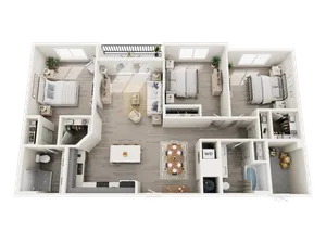Elegant 3D floor plan showcasing 3 bedrooms, an inviting open living area, a modern kitchen, and sunny balcony access.