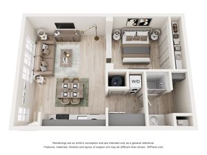 Chic 3D apartment layout showcasing 1 bedroom, modern kitchen, cozy living area, and convenient bathroom with in-unit laundry.
