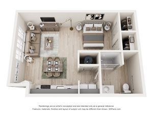 Inviting 3D floor plan of a modern apartment featuring one spacious bedroom, cozy living space, stylish kitchen, and elegant bathroom.