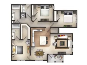 3d rendering of 3 bedroom 2 bath apartment home.