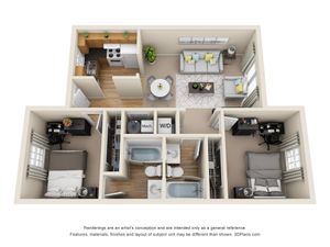 Chic 3D floor plan showcasing a modern 2-bedroom apartment with spacious living area, stylish kitchen, and dual bathrooms, ideal for contemporary living.