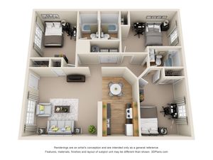 Modern 3D floor plan featuring 2 spacious bedrooms, open-concept living and dining area, sleek kitchen, and 2 stylish bathrooms.