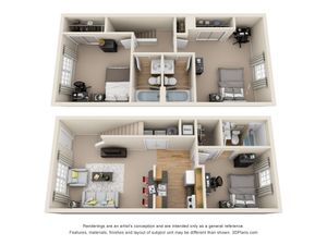 Charming 3D floor plan of a two-story apartment featuring 2 bedrooms, 1 bathroom, a stylish living area, and a modern kitchen layout.