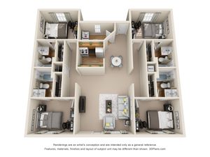 Inviting 3D floor plan showcasing 3 bedrooms, a cozy open-concept living area, modern kitchen, and two bathrooms.