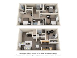 Modern 3D floor plan showcasing a two-story design with 3 bedrooms, open living space, and a stylish kitchen, perfect for family living.