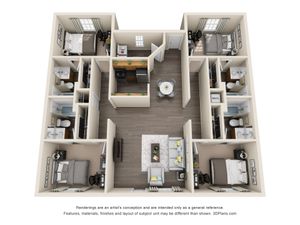 Modern 3D floor plan showcasing 3 bedrooms, 2 bathrooms, a centralized kitchen, and spacious living and dining areas.