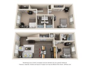 Charming 2-story floor plan showcasing 3 bedrooms, sleek open-concept living and dining area, modern kitchen with bar seating, and elegantly designed bathrooms.